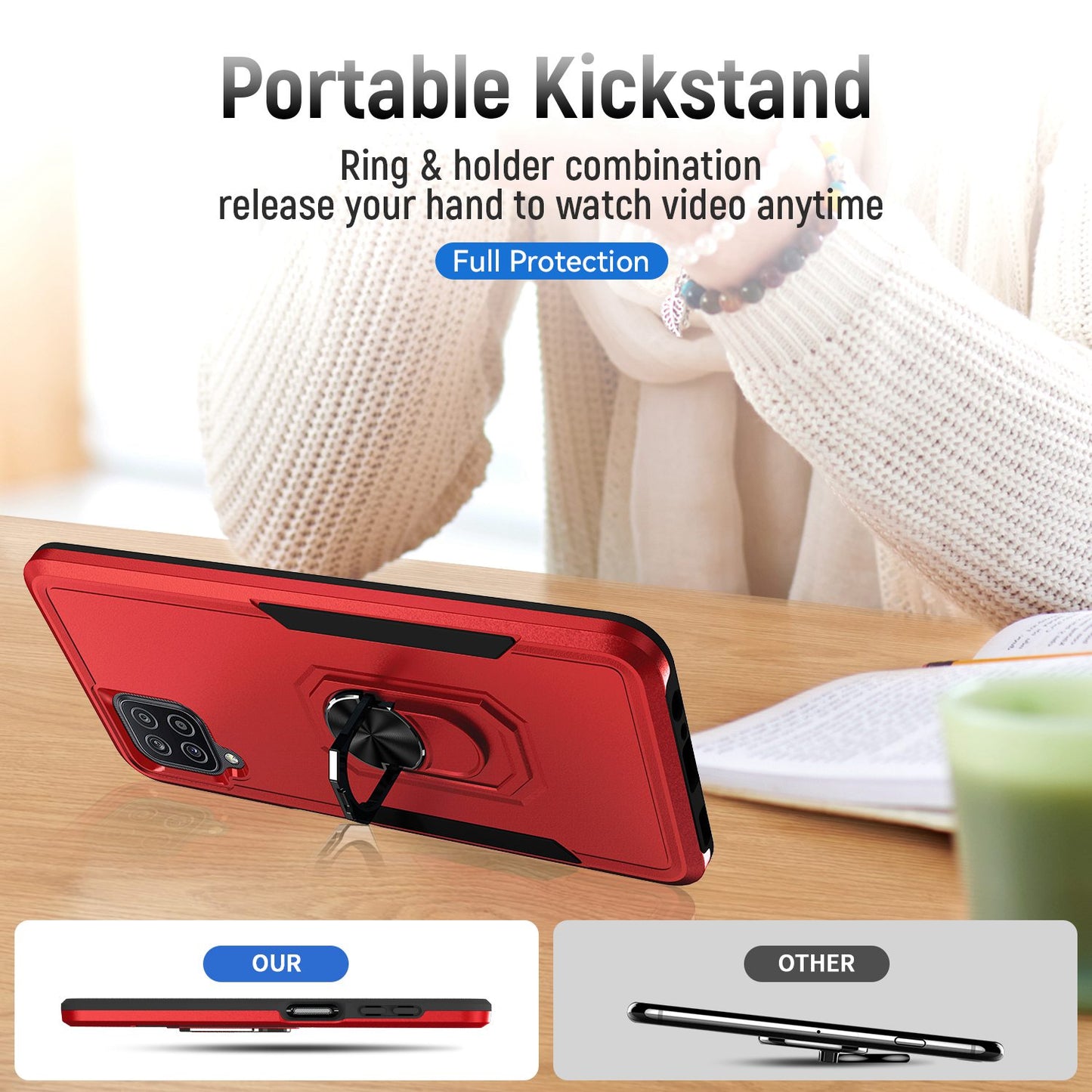For Samsung Galaxy A12 Defender Series PC + TPU Hybrid Phone Cover Rotary Ring Kickstand Cellphone Case