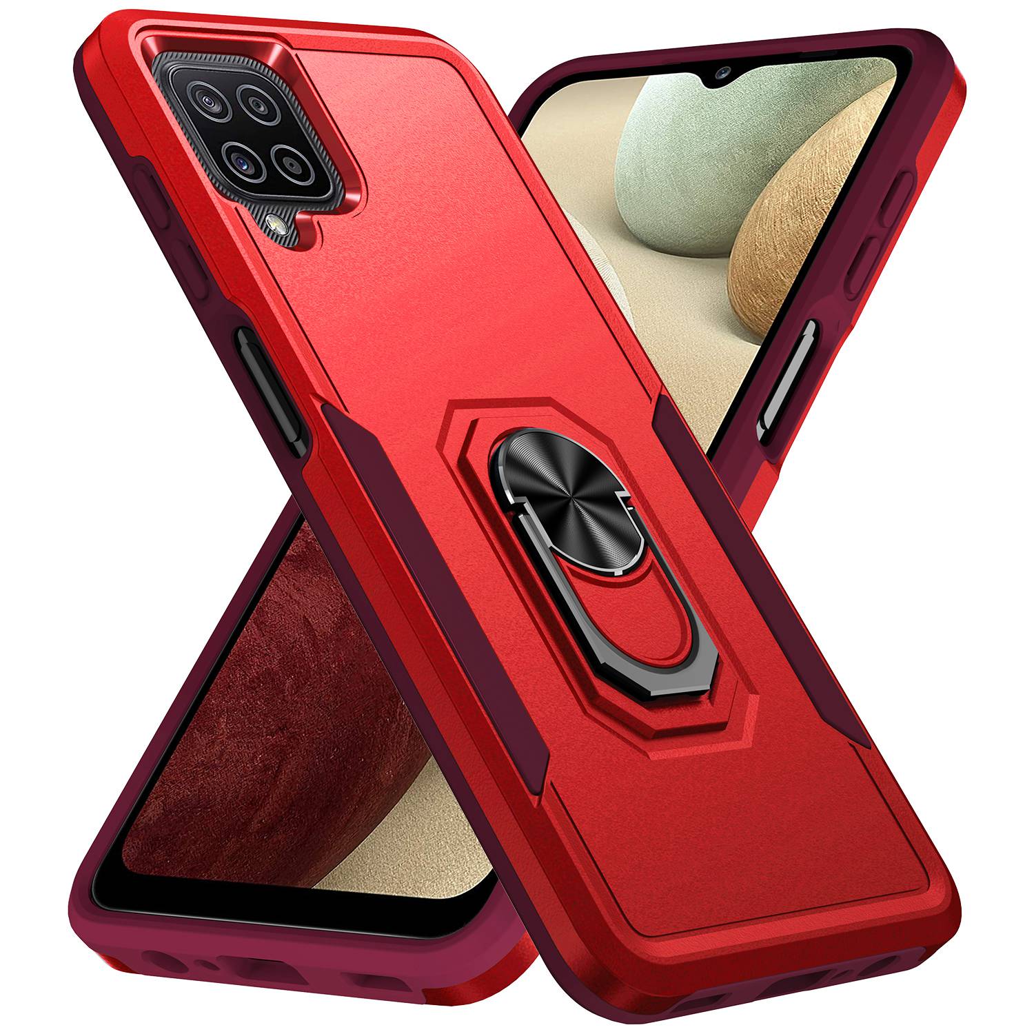 For Samsung Galaxy A12 Defender Series PC + TPU Hybrid Phone Cover Rotary Ring Kickstand Cellphone Case