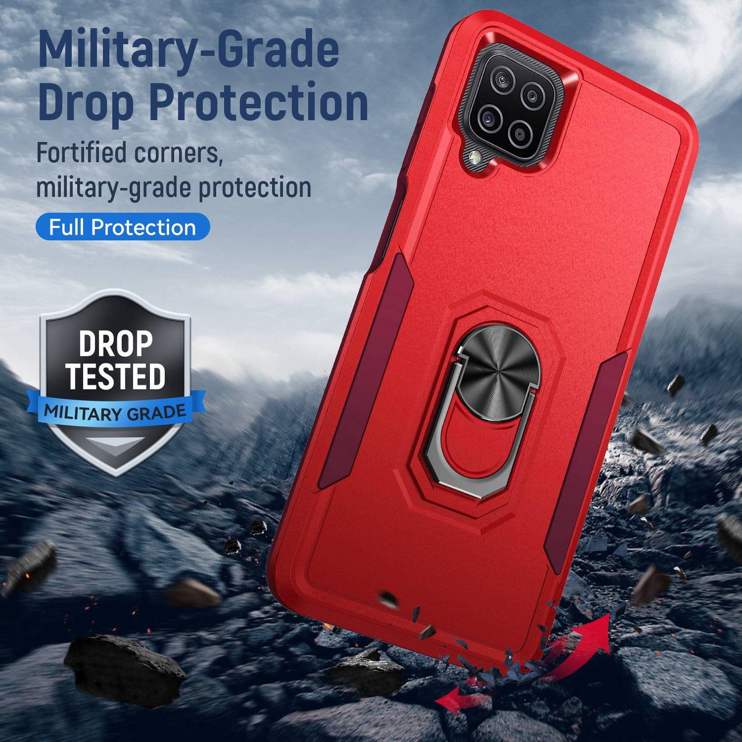 For Samsung Galaxy A12 Defender Series PC + TPU Hybrid Phone Cover Rotary Ring Kickstand Cellphone Case