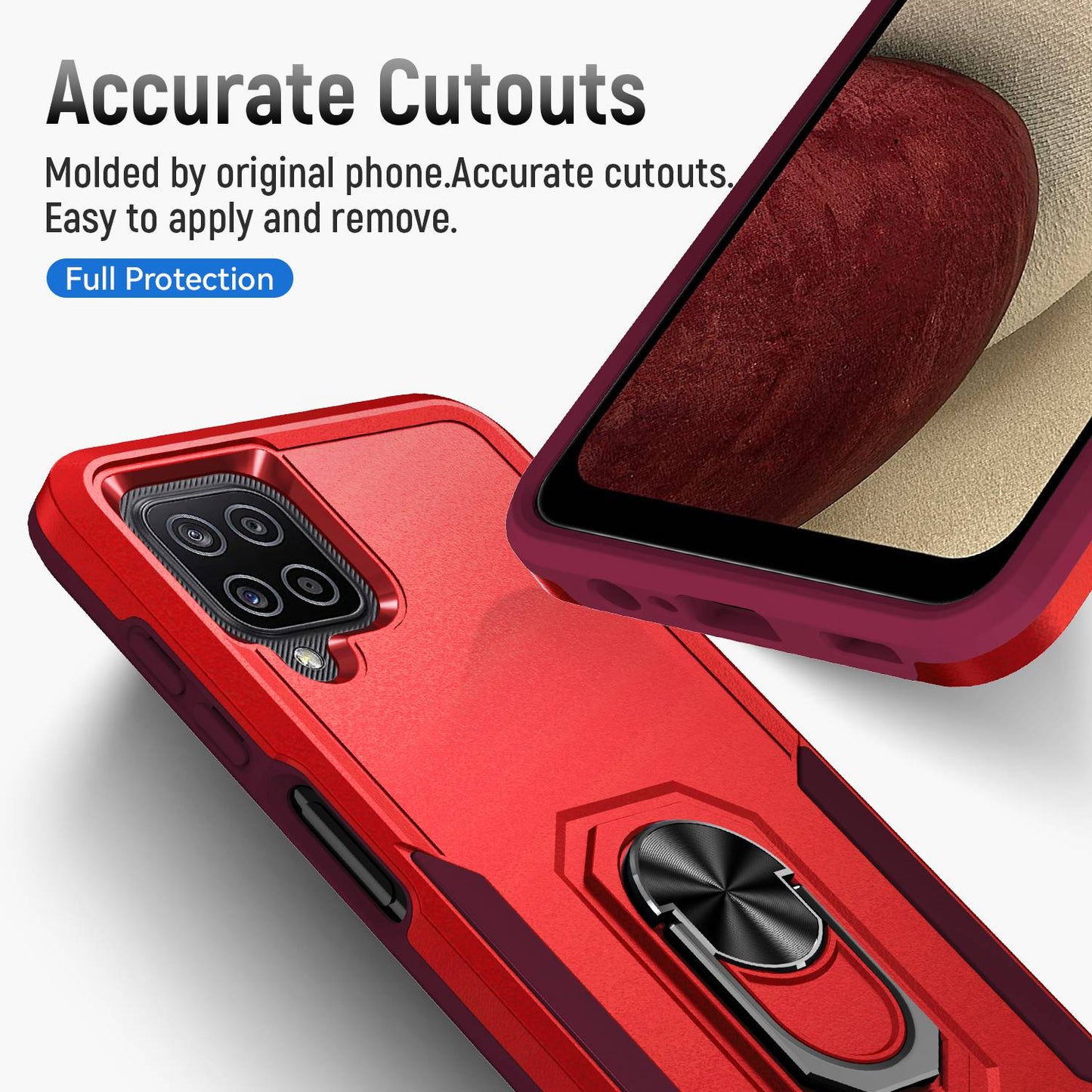 For Samsung Galaxy A12 Defender Series PC + TPU Hybrid Phone Cover Rotary Ring Kickstand Cellphone Case