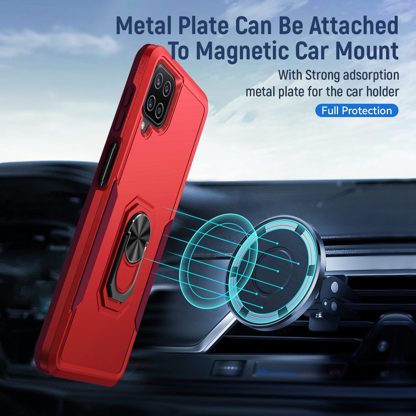 For Samsung Galaxy A12 Defender Series PC + TPU Hybrid Phone Cover Rotary Ring Kickstand Cellphone Case