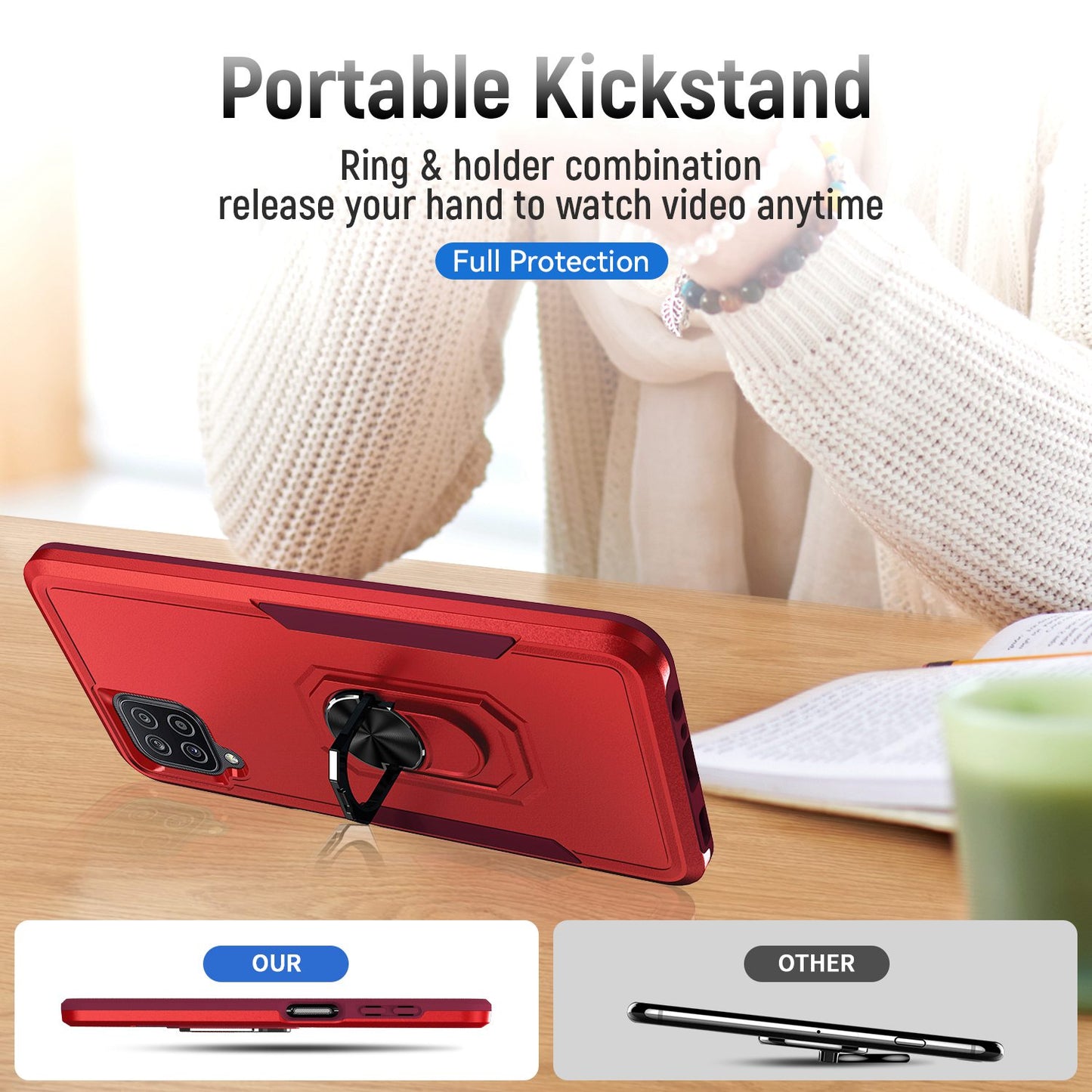 For Samsung Galaxy A12 Defender Series PC + TPU Hybrid Phone Cover Rotary Ring Kickstand Cellphone Case