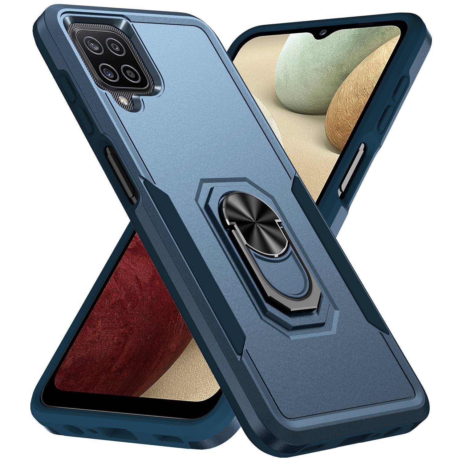 For Samsung Galaxy A12 Defender Series PC + TPU Hybrid Phone Cover Rotary Ring Kickstand Cellphone Case