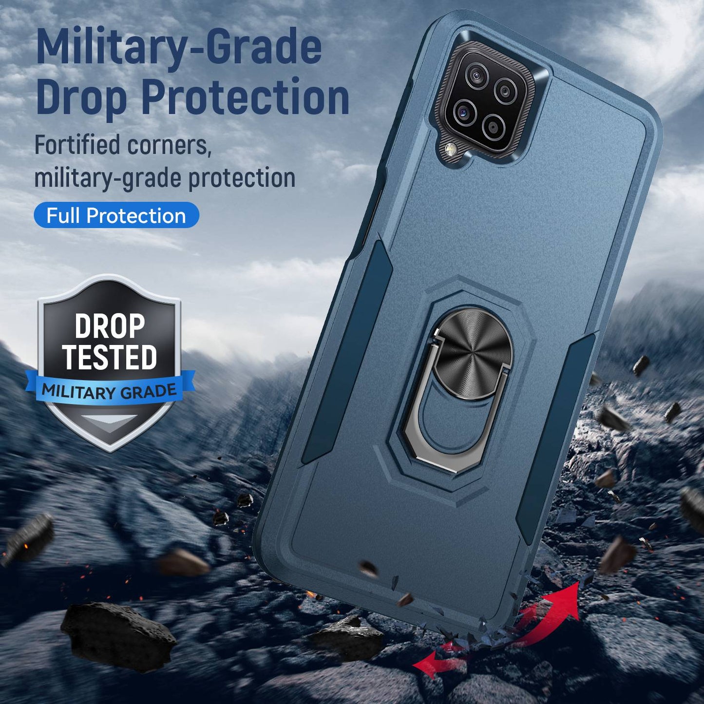 For Samsung Galaxy A12 Defender Series PC + TPU Hybrid Phone Cover Rotary Ring Kickstand Cellphone Case