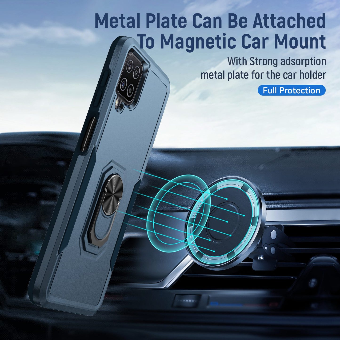 For Samsung Galaxy A12 Defender Series PC + TPU Hybrid Phone Cover Rotary Ring Kickstand Cellphone Case