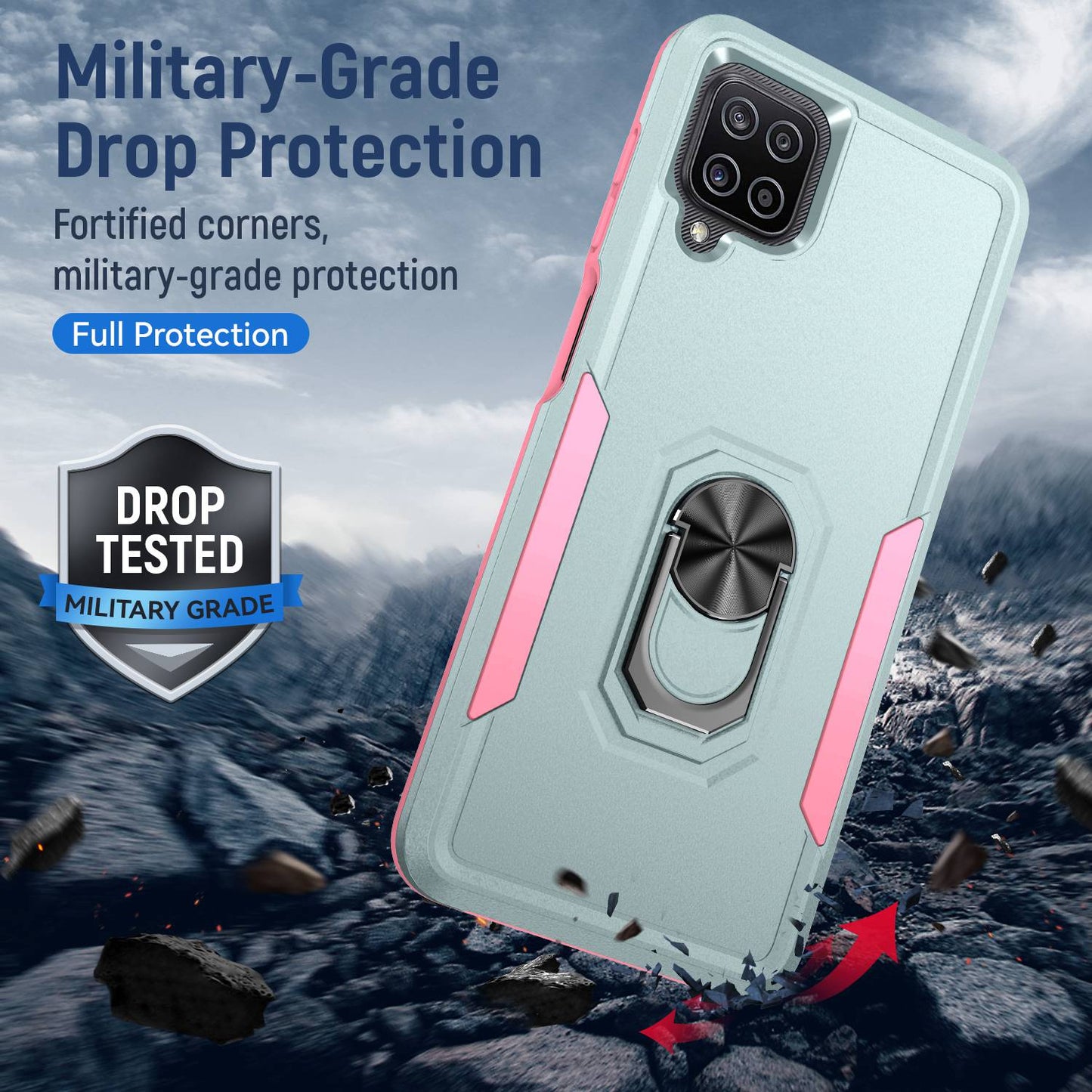 For Samsung Galaxy A12 Defender Series PC + TPU Hybrid Phone Cover Rotary Ring Kickstand Cellphone Case
