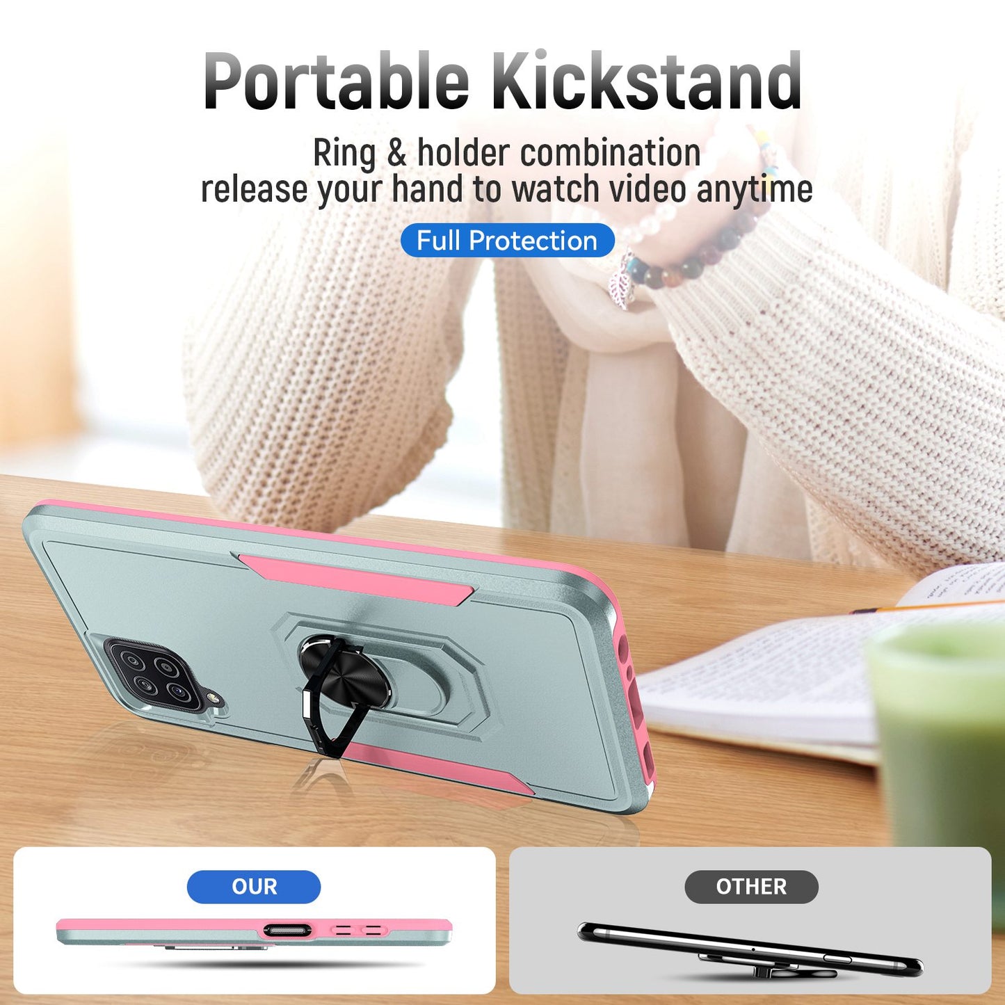 For Samsung Galaxy A12 Defender Series PC + TPU Hybrid Phone Cover Rotary Ring Kickstand Cellphone Case