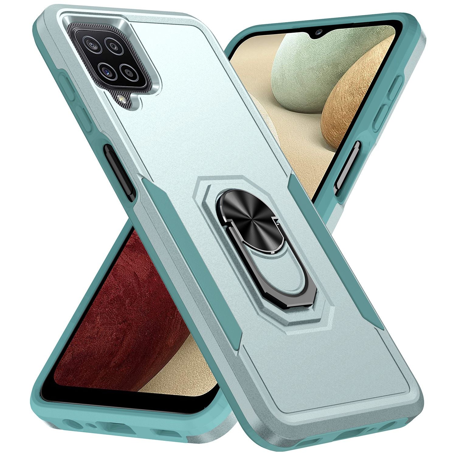 For Samsung Galaxy A12 Defender Series PC + TPU Hybrid Phone Cover Rotary Ring Kickstand Cellphone Case