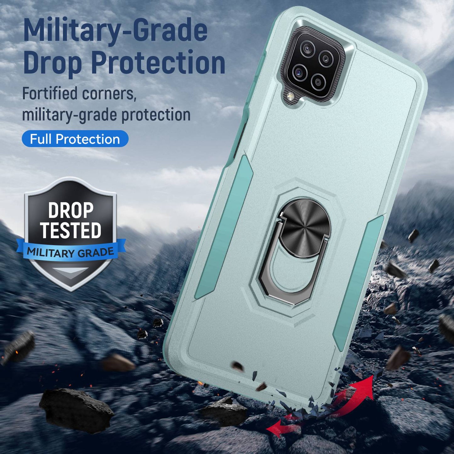 For Samsung Galaxy A12 Defender Series PC + TPU Hybrid Phone Cover Rotary Ring Kickstand Cellphone Case