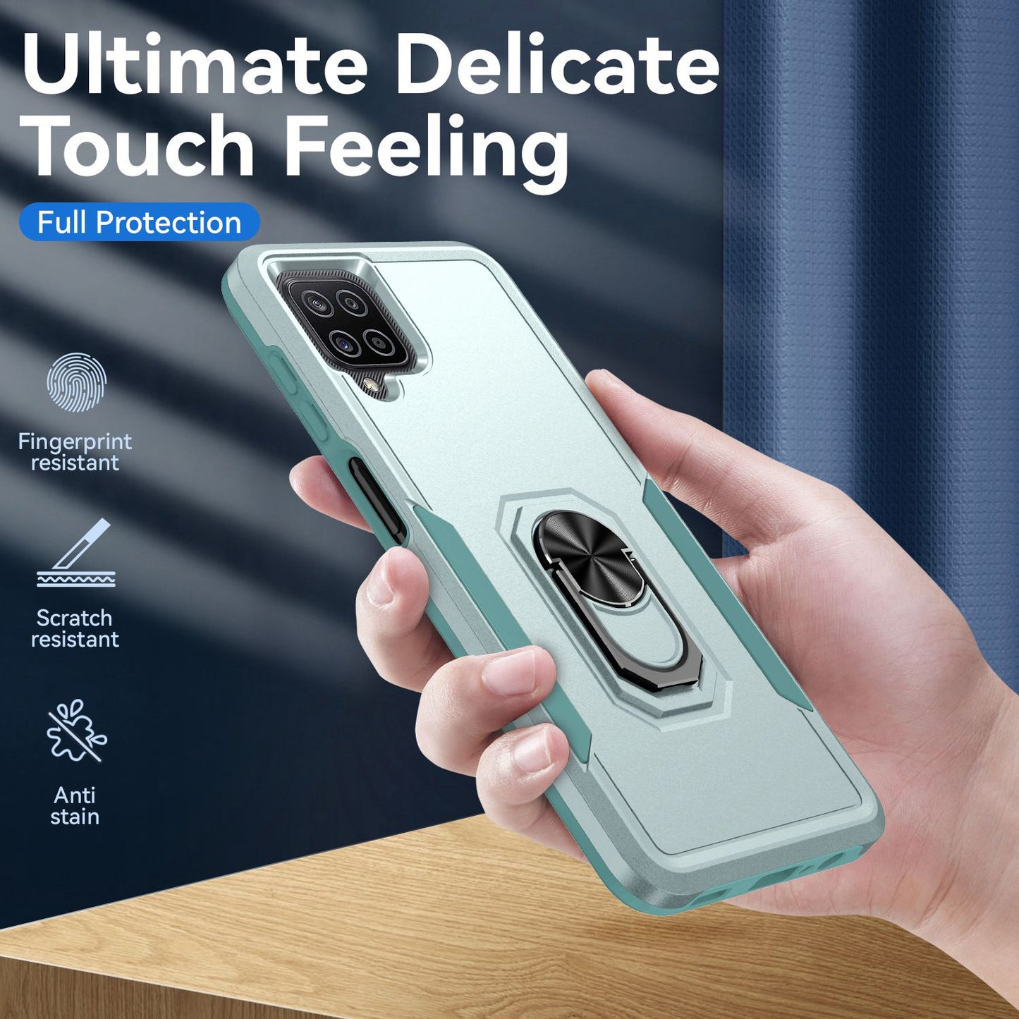 For Samsung Galaxy A12 Defender Series PC + TPU Hybrid Phone Cover Rotary Ring Kickstand Cellphone Case