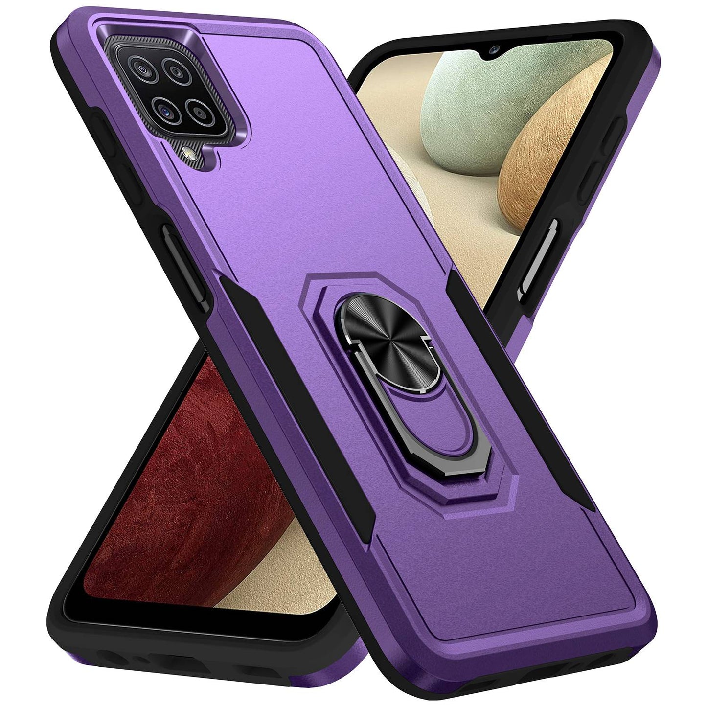 For Samsung Galaxy A12 Defender Series PC + TPU Hybrid Phone Cover Rotary Ring Kickstand Cellphone Case