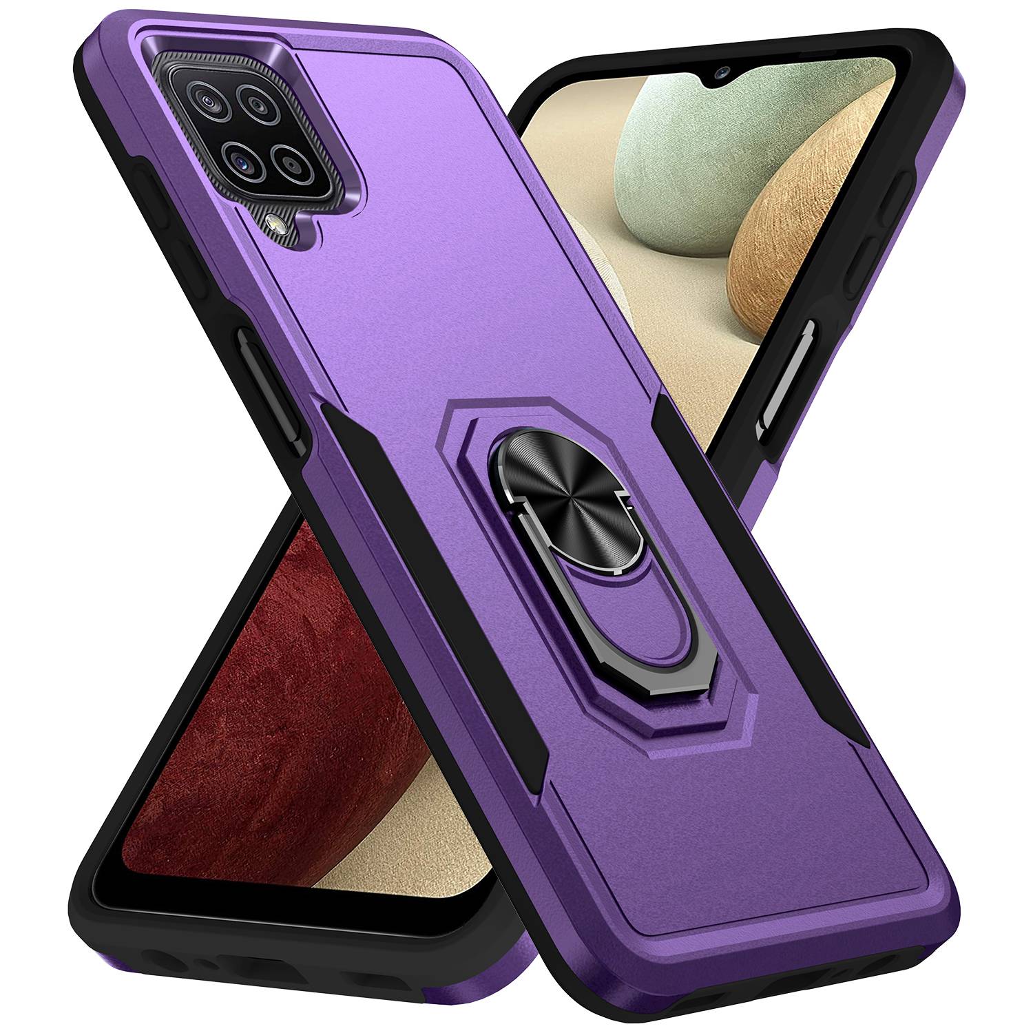 For Samsung Galaxy A12 Defender Series PC + TPU Hybrid Phone Cover Rotary Ring Kickstand Cellphone Case