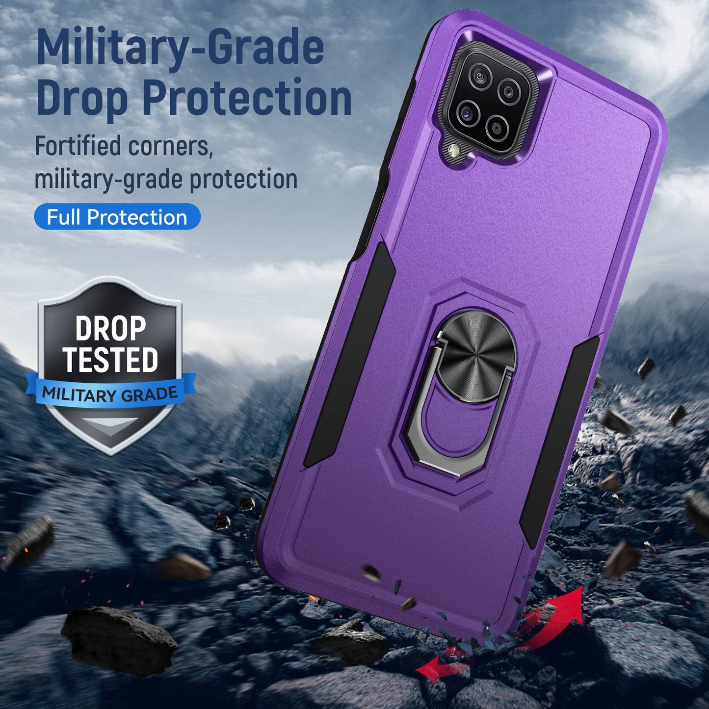 For Samsung Galaxy A12 Defender Series PC + TPU Hybrid Phone Cover Rotary Ring Kickstand Cellphone Case