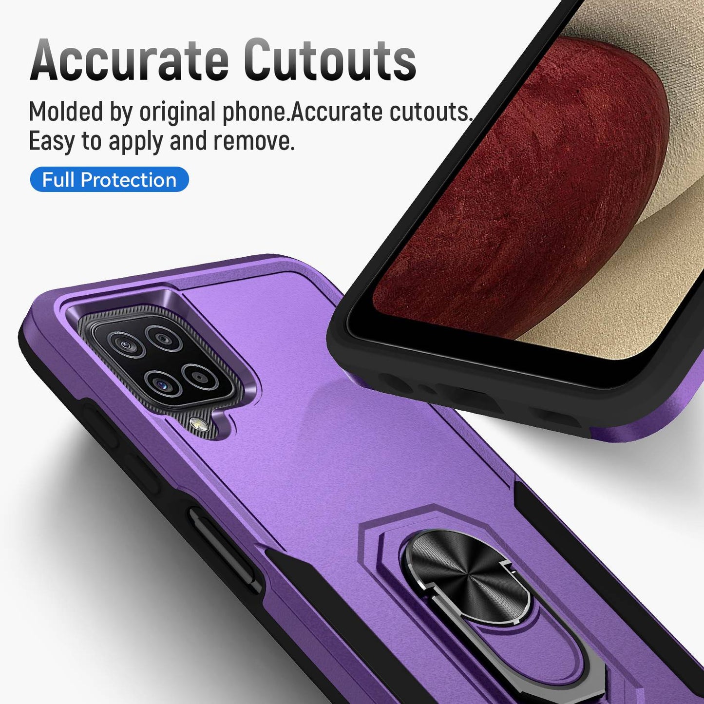 For Samsung Galaxy A12 Defender Series PC + TPU Hybrid Phone Cover Rotary Ring Kickstand Cellphone Case