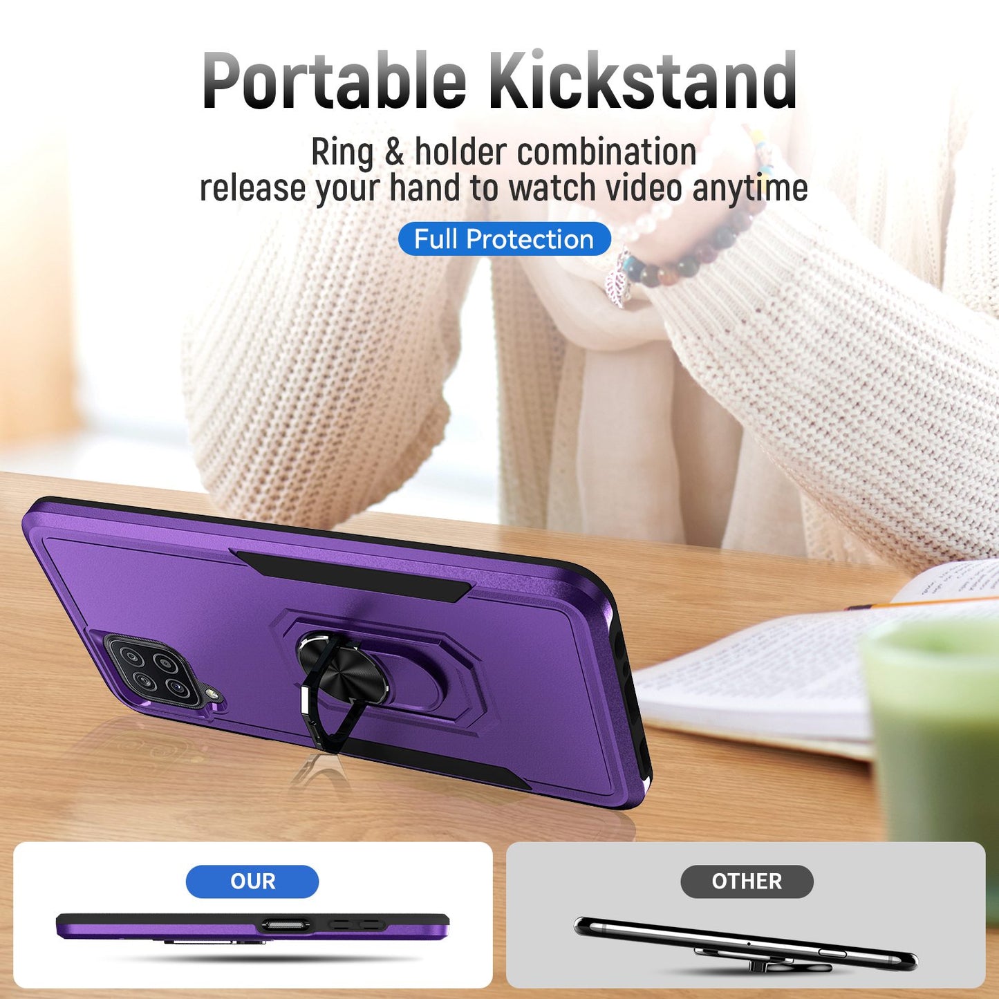 For Samsung Galaxy A12 Defender Series PC + TPU Hybrid Phone Cover Rotary Ring Kickstand Cellphone Case