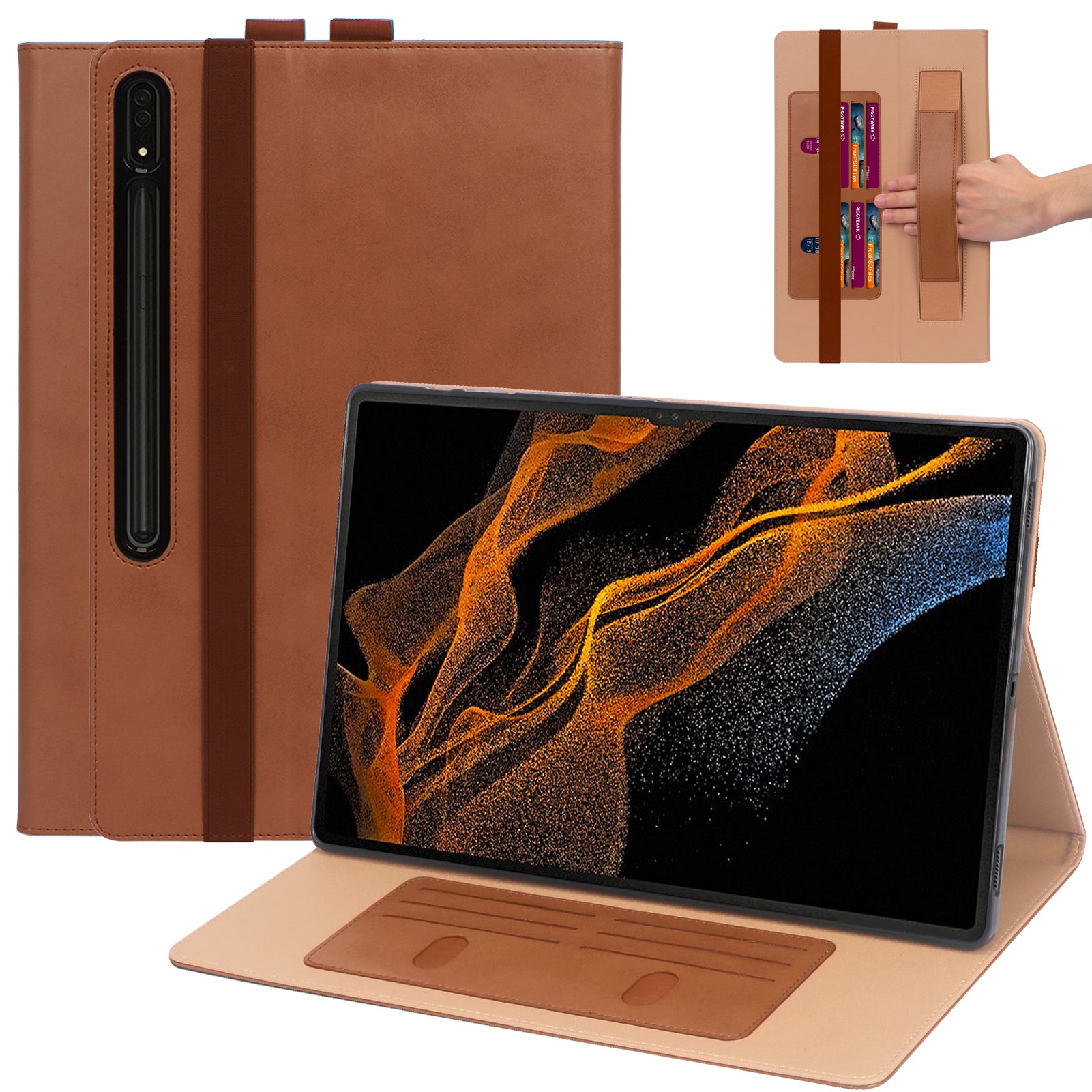 For Samsung Galaxy Tab S8 Ultra Business Style PU Leather Tablet Case Stand Card Holder Protective Cover with Auto Wake/Sleep