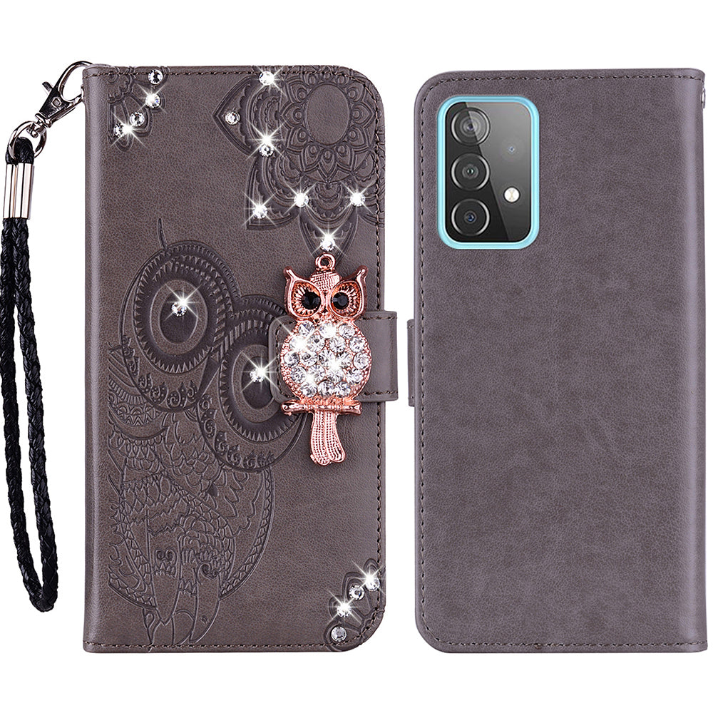 Rhinestone Decor Glitter Case for Samsung Galaxy A23 4G (165.4 x 76.9 x 8.4mm), Owl Flower Pattern Imprinted PU Leather Wallet Folio Phone Cover with Stand Function