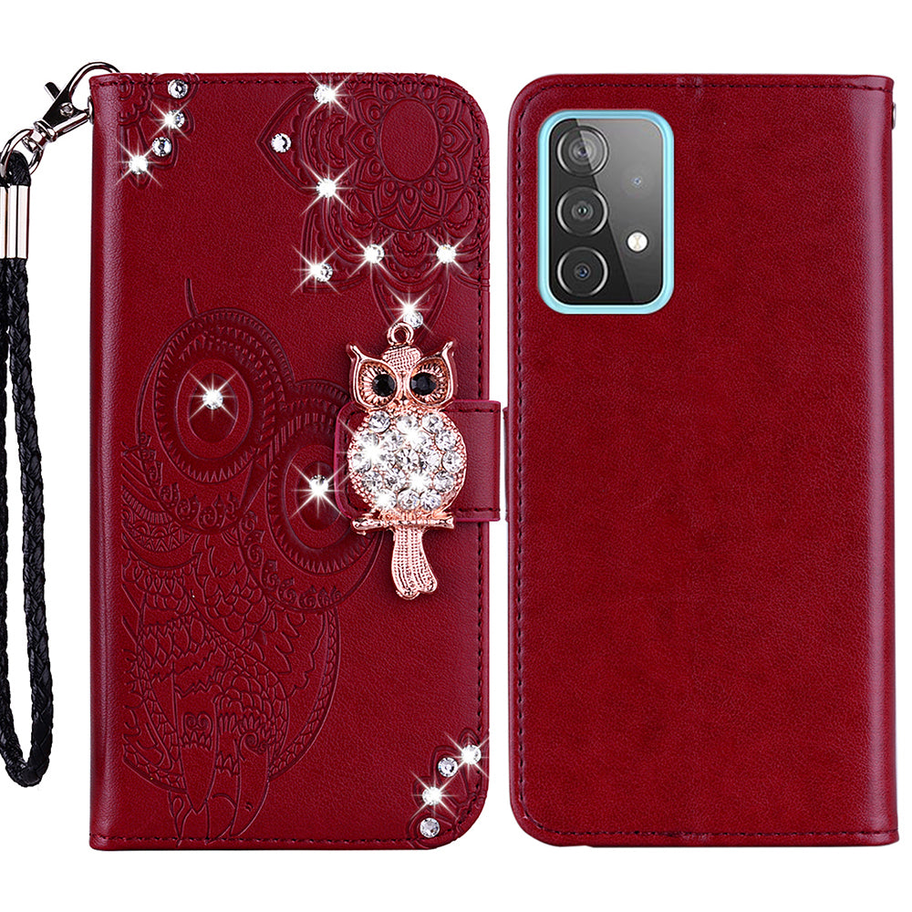 Rhinestone Decor Glitter Case for Samsung Galaxy A23 4G (165.4 x 76.9 x 8.4mm), Owl Flower Pattern Imprinted PU Leather Wallet Folio Phone Cover with Stand Function