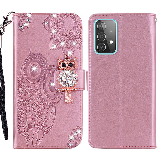 Rhinestone Decor Glitter Case for Samsung Galaxy A23 4G (165.4 x 76.9 x 8.4mm), Owl Flower Pattern Imprinted PU Leather Wallet Folio Phone Cover with Stand Function