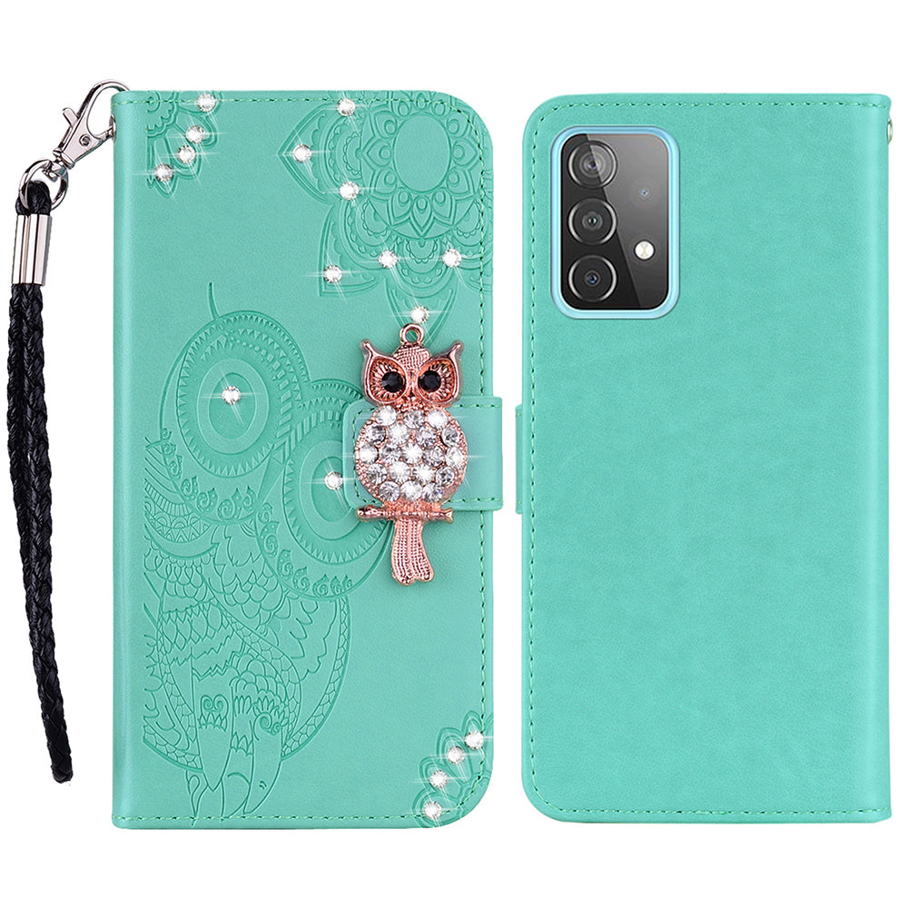 Rhinestone Decor Glitter Case for Samsung Galaxy A23 4G (165.4 x 76.9 x 8.4mm), Owl Flower Pattern Imprinted PU Leather Wallet Folio Phone Cover with Stand Function