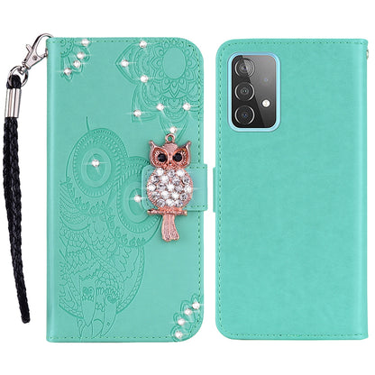 Rhinestone Decor Glitter Case for Samsung Galaxy A23 4G (165.4 x 76.9 x 8.4mm), Owl Flower Pattern Imprinted PU Leather Wallet Folio Phone Cover with Stand Function