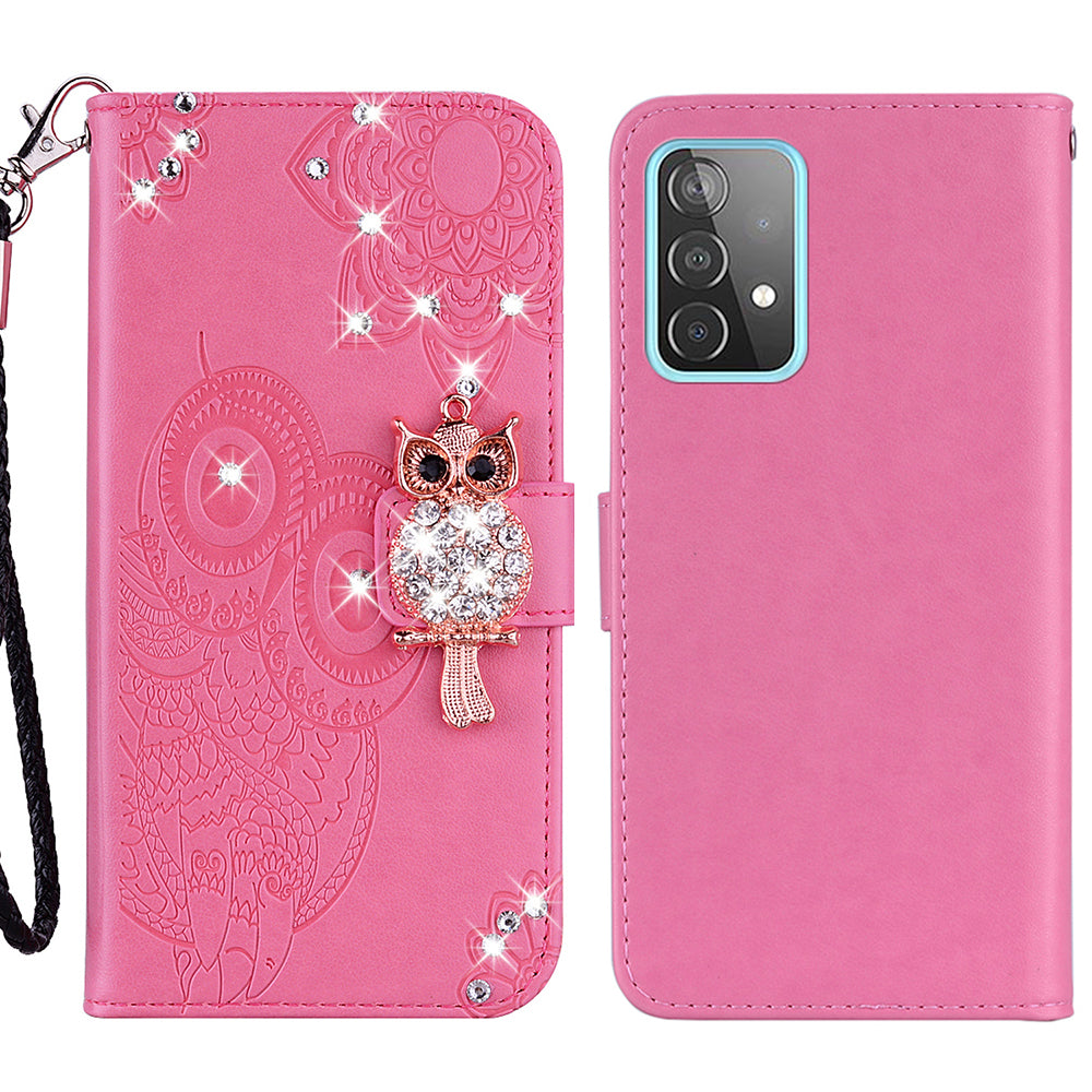 Rhinestone Decor Glitter Case for Samsung Galaxy A23 4G (165.4 x 76.9 x 8.4mm), Owl Flower Pattern Imprinted PU Leather Wallet Folio Phone Cover with Stand Function