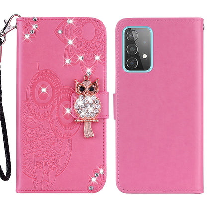 Rhinestone Decor Glitter Case for Samsung Galaxy A23 4G (165.4 x 76.9 x 8.4mm), Owl Flower Pattern Imprinted PU Leather Wallet Folio Phone Cover with Stand Function