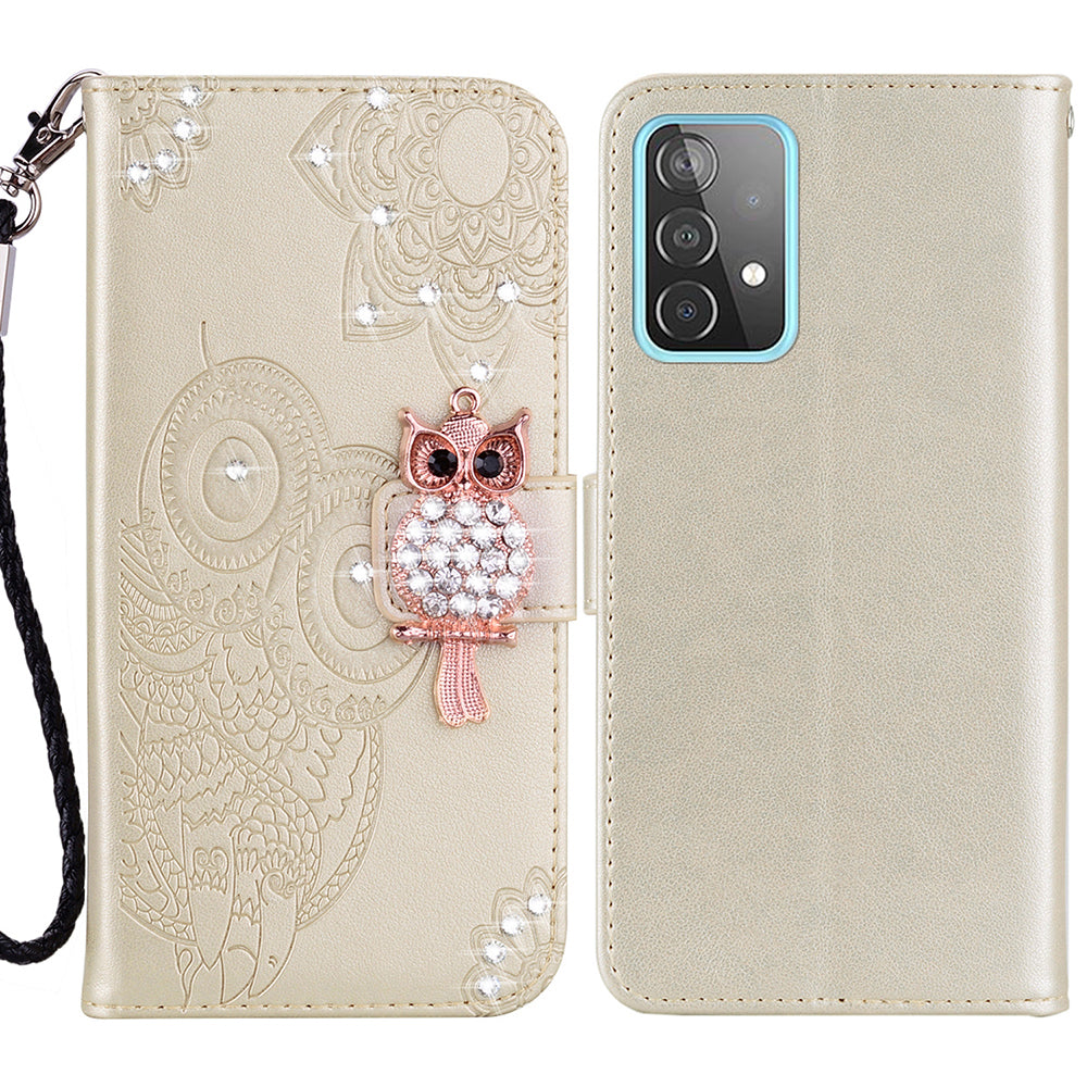 Rhinestone Decor Glitter Case for Samsung Galaxy A23 4G (165.4 x 76.9 x 8.4mm), Owl Flower Pattern Imprinted PU Leather Wallet Folio Phone Cover with Stand Function