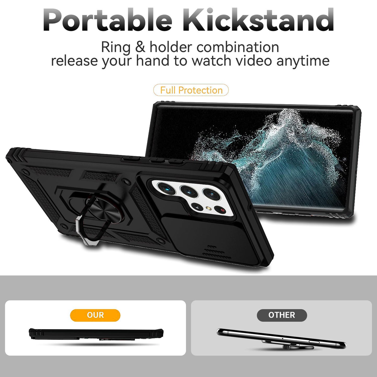 For Samsung Galaxy S22 Ultra 5G Ring Kickstand Back Case TPU+PC Hybrid Phone Cover with Slide Camera Protection