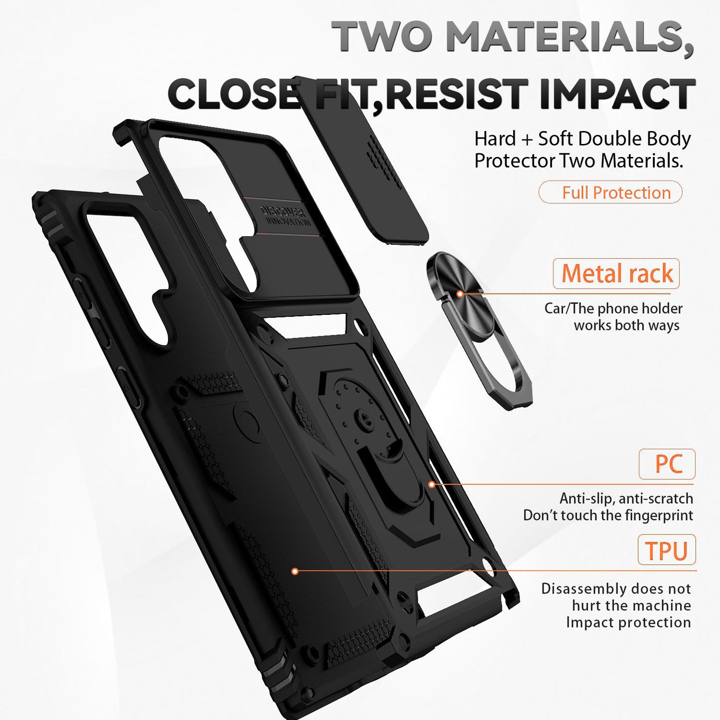 For Samsung Galaxy S22 Ultra 5G Ring Kickstand Back Case TPU+PC Hybrid Phone Cover with Slide Camera Protection
