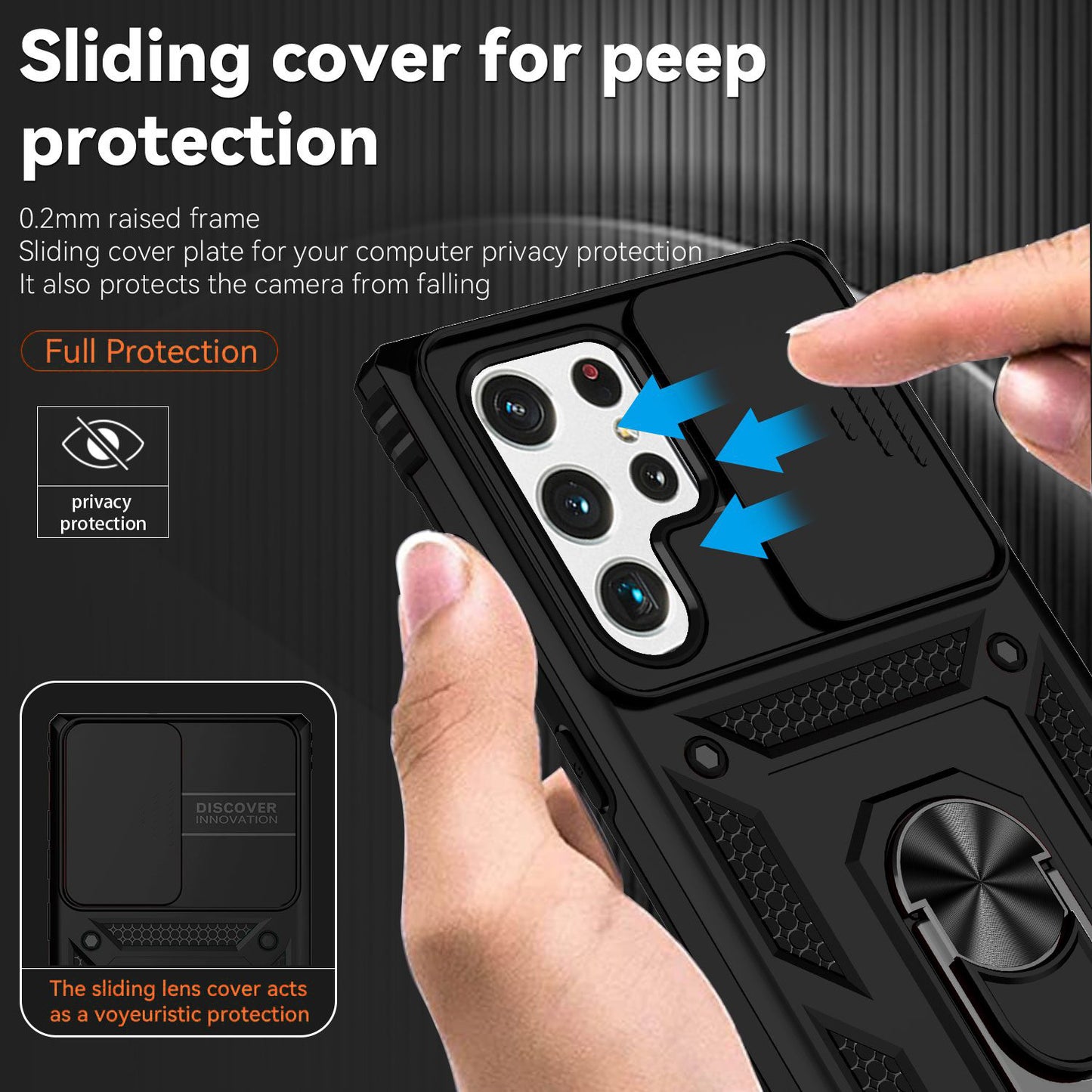 For Samsung Galaxy S22 Ultra 5G Ring Kickstand Back Case TPU+PC Hybrid Phone Cover with Slide Camera Protection