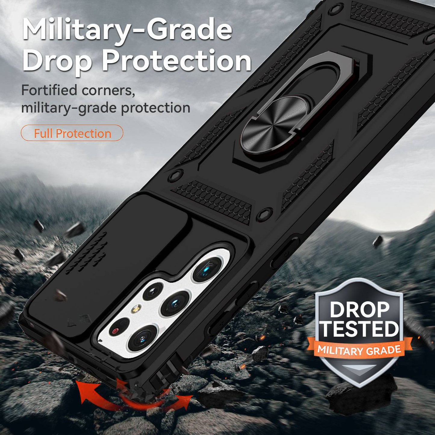 For Samsung Galaxy S22 Ultra 5G Ring Kickstand Back Case TPU+PC Hybrid Phone Cover with Slide Camera Protection