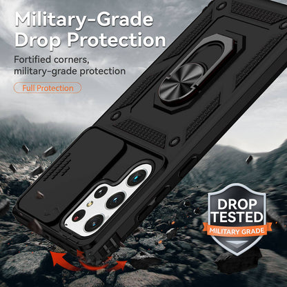 For Samsung Galaxy S22 Ultra 5G Ring Kickstand Back Case TPU+PC Hybrid Phone Cover with Slide Camera Protection