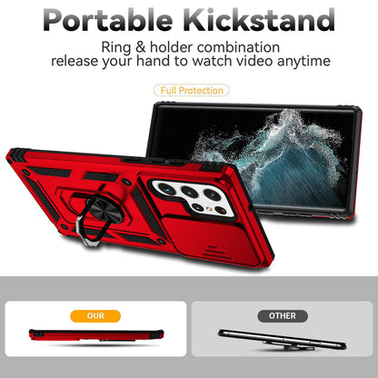 For Samsung Galaxy S22 Ultra 5G Ring Kickstand Back Case TPU+PC Hybrid Phone Cover with Slide Camera Protection