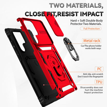 For Samsung Galaxy S22 Ultra 5G Ring Kickstand Back Case TPU+PC Hybrid Phone Cover with Slide Camera Protection