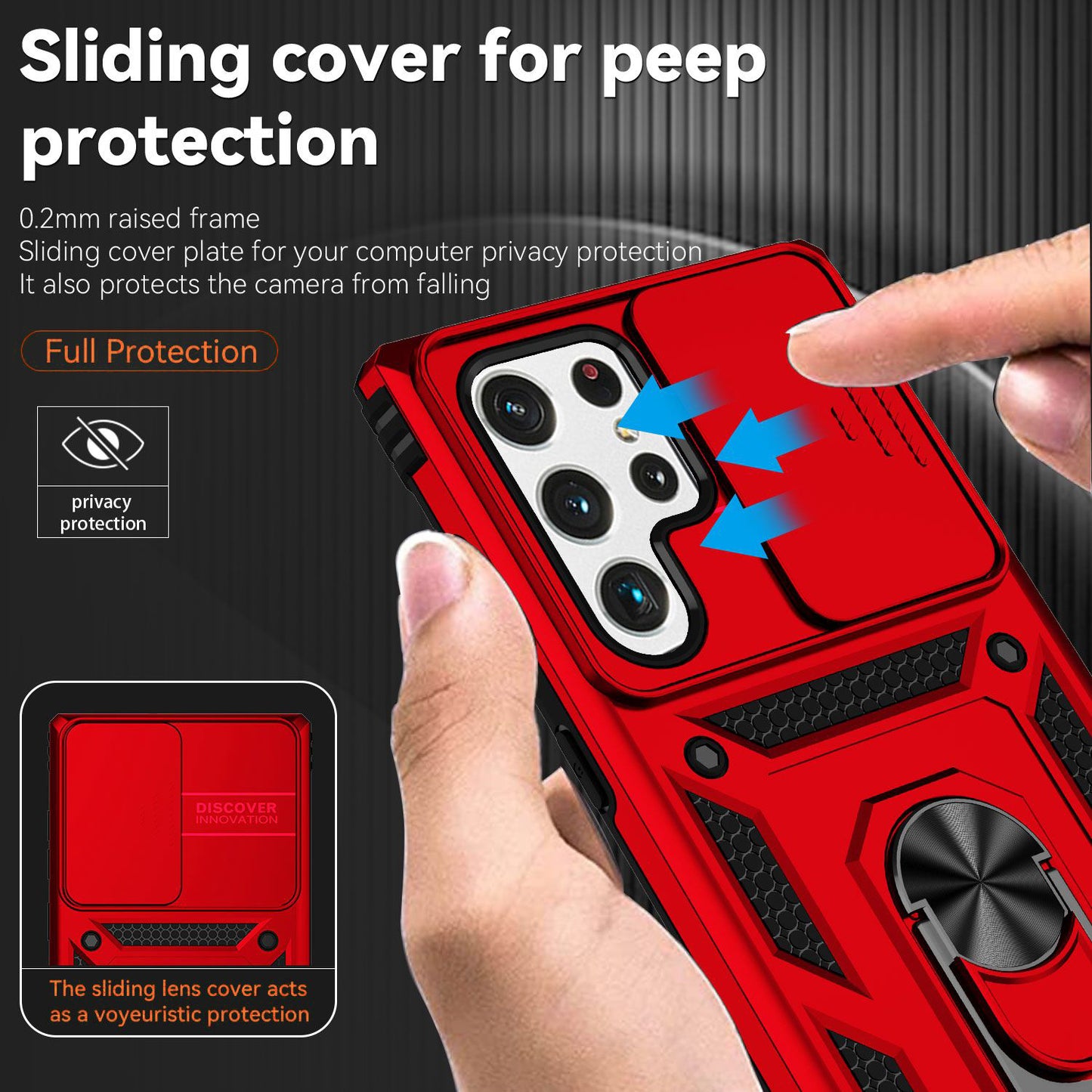 For Samsung Galaxy S22 Ultra 5G Ring Kickstand Back Case TPU+PC Hybrid Phone Cover with Slide Camera Protection