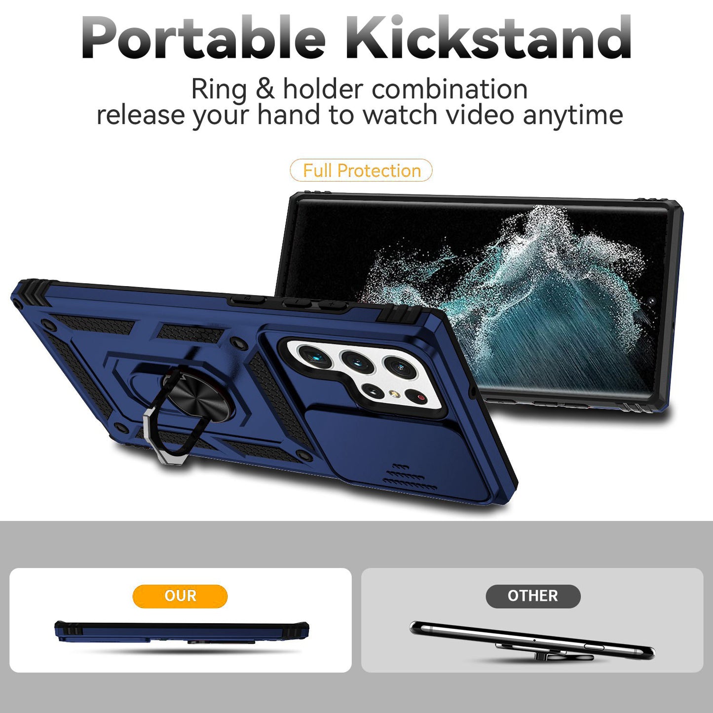 For Samsung Galaxy S22 Ultra 5G Ring Kickstand Back Case TPU+PC Hybrid Phone Cover with Slide Camera Protection