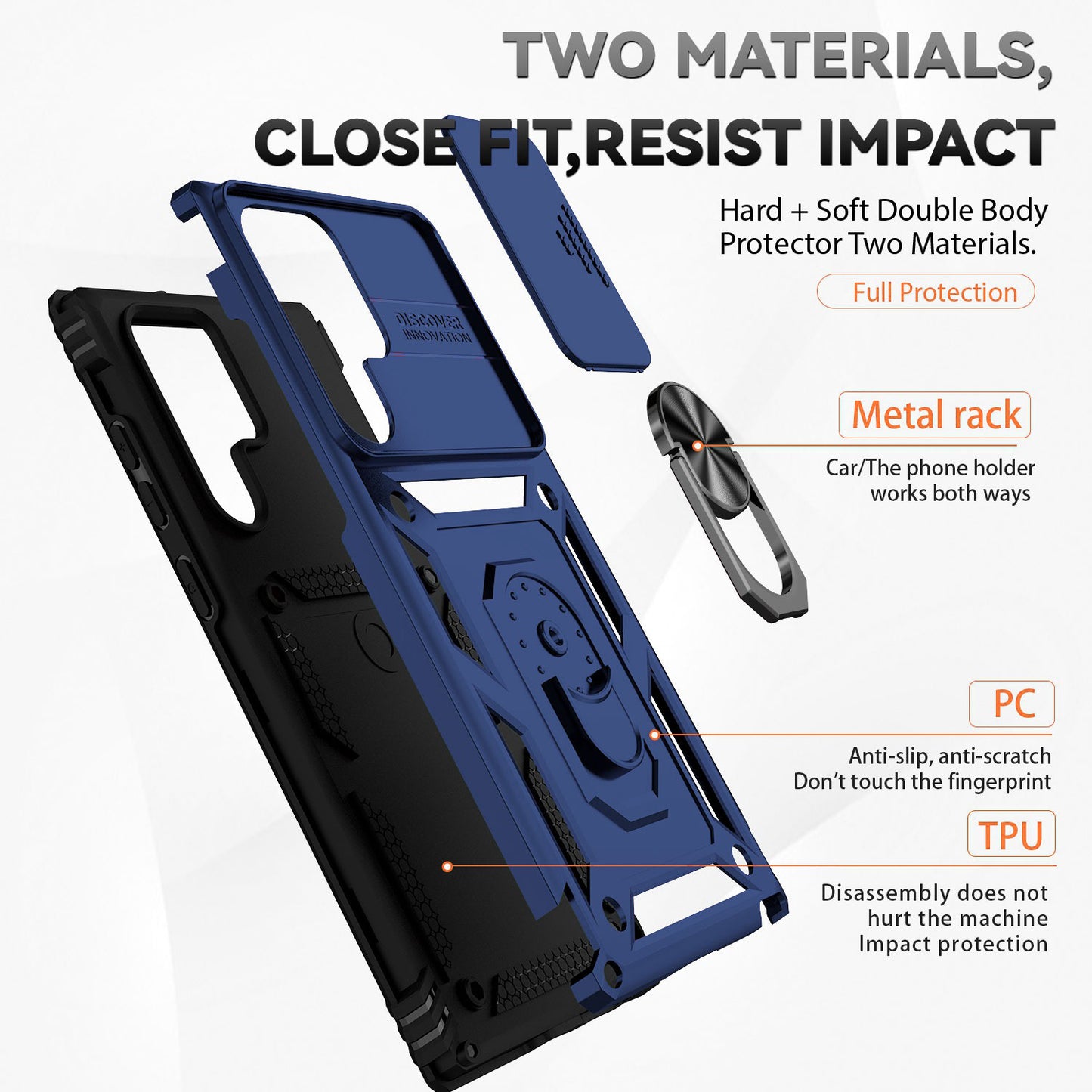 For Samsung Galaxy S22 Ultra 5G Ring Kickstand Back Case TPU+PC Hybrid Phone Cover with Slide Camera Protection