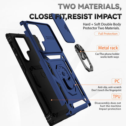 For Samsung Galaxy S22 Ultra 5G Ring Kickstand Back Case TPU+PC Hybrid Phone Cover with Slide Camera Protection