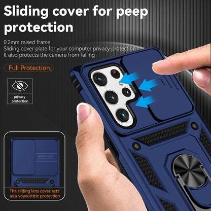For Samsung Galaxy S22 Ultra 5G Ring Kickstand Back Case TPU+PC Hybrid Phone Cover with Slide Camera Protection