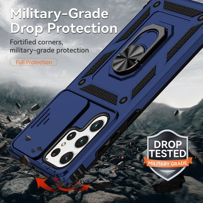 For Samsung Galaxy S22 Ultra 5G Ring Kickstand Back Case TPU+PC Hybrid Phone Cover with Slide Camera Protection