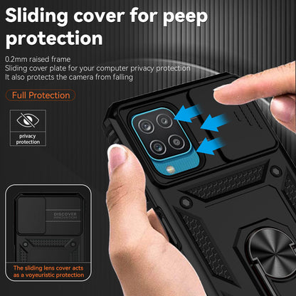 For Samsung Galaxy A12 Case Hard PC + Soft TPU Anti-Scratch Phone Cover with Ring Car Mount Kickstand and Camera Protector