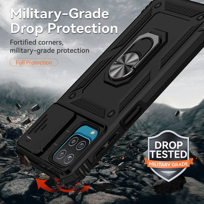 For Samsung Galaxy A12 Case Hard PC + Soft TPU Anti-Scratch Phone Cover with Ring Car Mount Kickstand and Camera Protector
