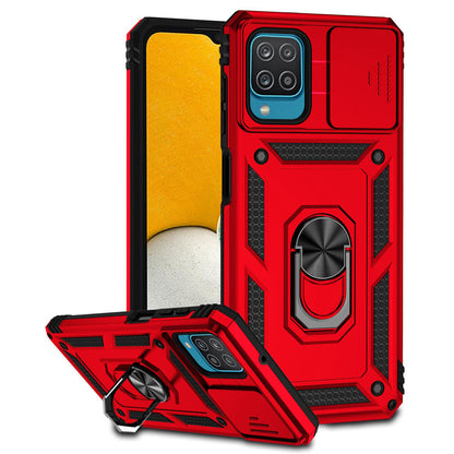 For Samsung Galaxy A12 Case Hard PC + Soft TPU Anti-Scratch Phone Cover with Ring Car Mount Kickstand and Camera Protector