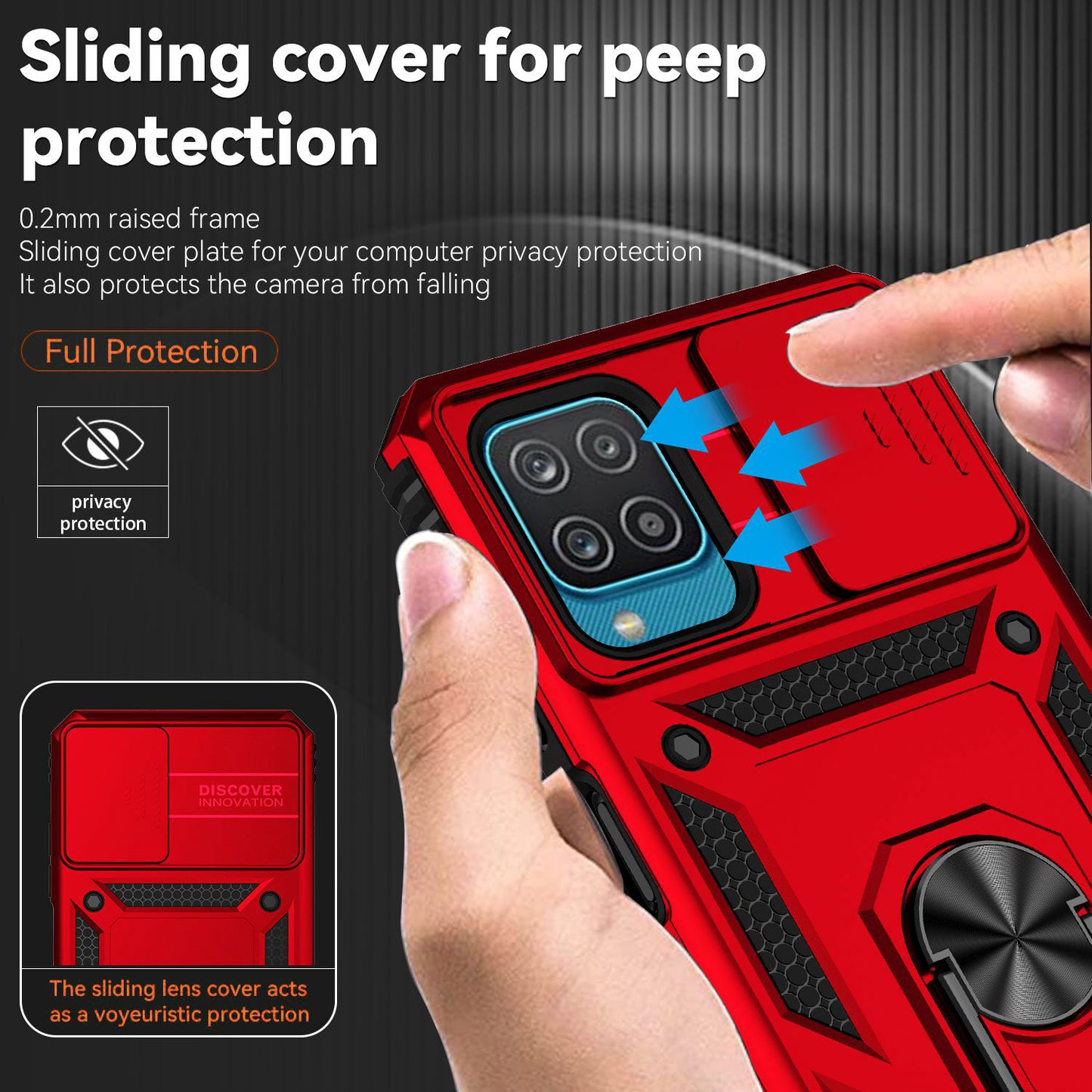 For Samsung Galaxy A12 Case Hard PC + Soft TPU Anti-Scratch Phone Cover with Ring Car Mount Kickstand and Camera Protector