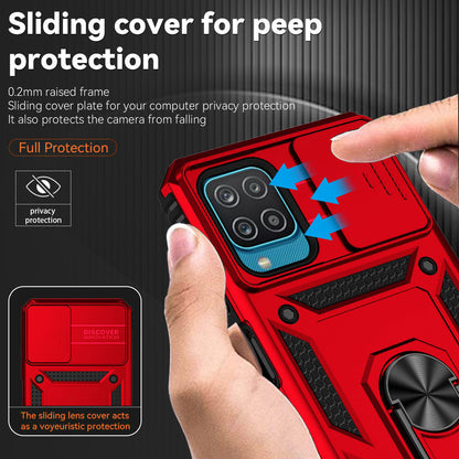 For Samsung Galaxy A12 Case Hard PC + Soft TPU Anti-Scratch Phone Cover with Ring Car Mount Kickstand and Camera Protector
