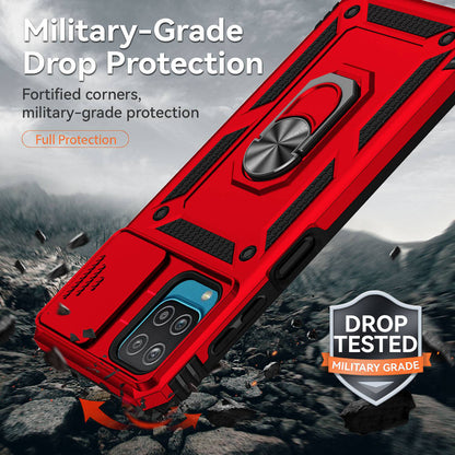 For Samsung Galaxy A12 Case Hard PC + Soft TPU Anti-Scratch Phone Cover with Ring Car Mount Kickstand and Camera Protector