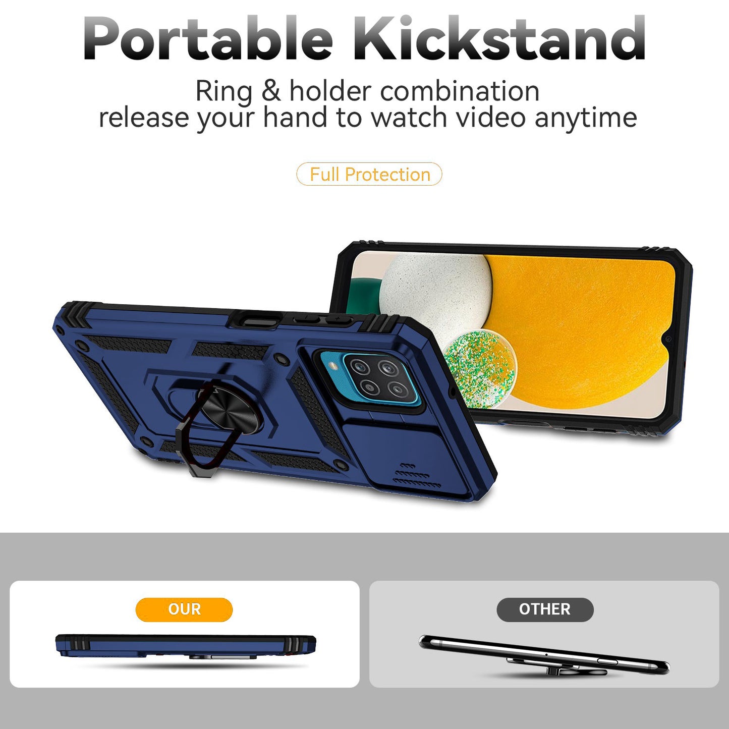 For Samsung Galaxy A12 Case Hard PC + Soft TPU Anti-Scratch Phone Cover with Ring Car Mount Kickstand and Camera Protector