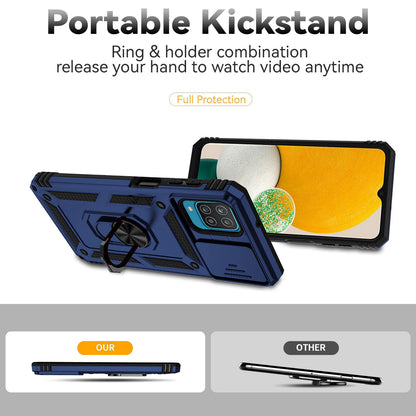 For Samsung Galaxy A12 Case Hard PC + Soft TPU Anti-Scratch Phone Cover with Ring Car Mount Kickstand and Camera Protector
