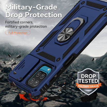 For Samsung Galaxy A12 Case Hard PC + Soft TPU Anti-Scratch Phone Cover with Ring Car Mount Kickstand and Camera Protector